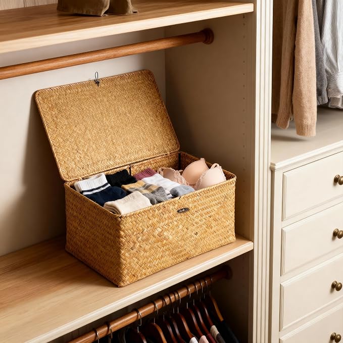 Nonam Seagrass Storage Large Basket with Lid,Wicker Basket Storage Bin with Lid for Shelves,Boho Decor,Handwoven Shelf Basket for Organizing-Storage Container Box for Home Organization-Natural - Image 5