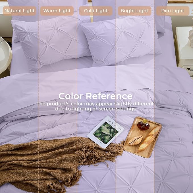 Sasttie Queen Comforter Set, 7-Piece Bed in a Bag, Pintuck Bedding Sets for All Season, Includes Comforter, Flat Sheet, Fitted Sheet, Pillowcases and Pillowshams, Lavender