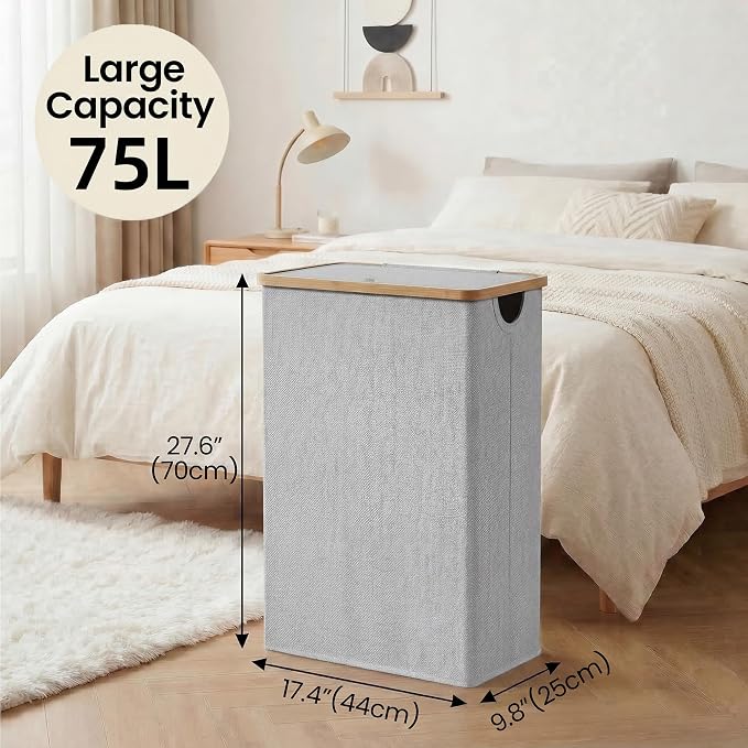 efluky Slim Laundry Basket with Lid, Narrow Laundry Hamper with Removable Bag, Skinny Dirty Clothes Basket with Bamboo Handles for Bathroom, Bedroom & Laundry Room, 75L Light Grey - Image 3