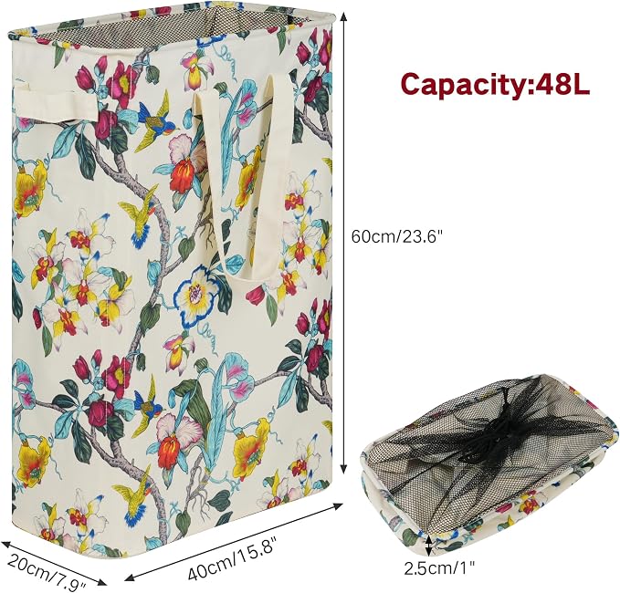 efluky Slim Laundry Basket, Narrow Laundry Hamper with Handles, Collapsible Dirty Clothes Hamper, Tall Laundry Bin for Laundry Room, Dorm and Bedroom, 48L (12.7 Gallon) Floral - Image 2