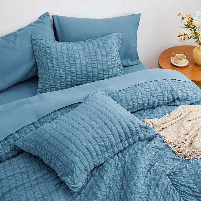 Love's cabin Seersucker Misty Blue Queen Comforter Set, 7-Piece All Season Lightweight Bed in a Bag Bedding Set with Comforter, Flat Sheet, Fitted Sheet, Pillowcases and Shams | Soft, Breathable, Lightweight