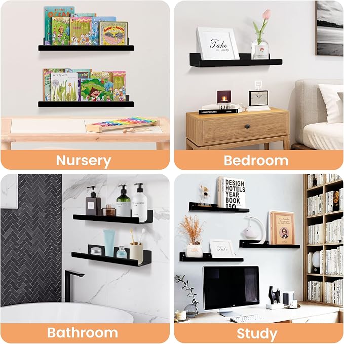upsimples Acrylic Shelves for Wall Decor, 15" Display Shelf Perfume Organizer for Bathroom, Bedroom, Living Room, Floating Bookshelves for Kids, Black, 4 Pack - Image 7
