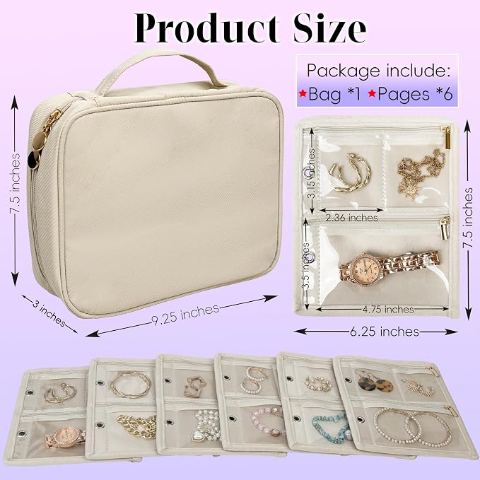 Travel Jewelry Organizer Case,Jewelry Bags Jewelry Storage Book Binder with Clear Zipper Velvet Pouch for Traveling,Earrings, Rings, Necklace, Bracelet (White) - Image 2