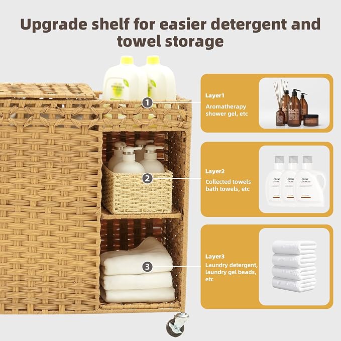 Laundry Hamper with Lid, 160L Rattan Wicker Laundry Basket with Wheels, Handwoven Laundry Hamper 3-Section with Storage shelf(42.3 Gal), Laundry Sorter Basket with Removable Liner, Natural HLH033N - Image 2