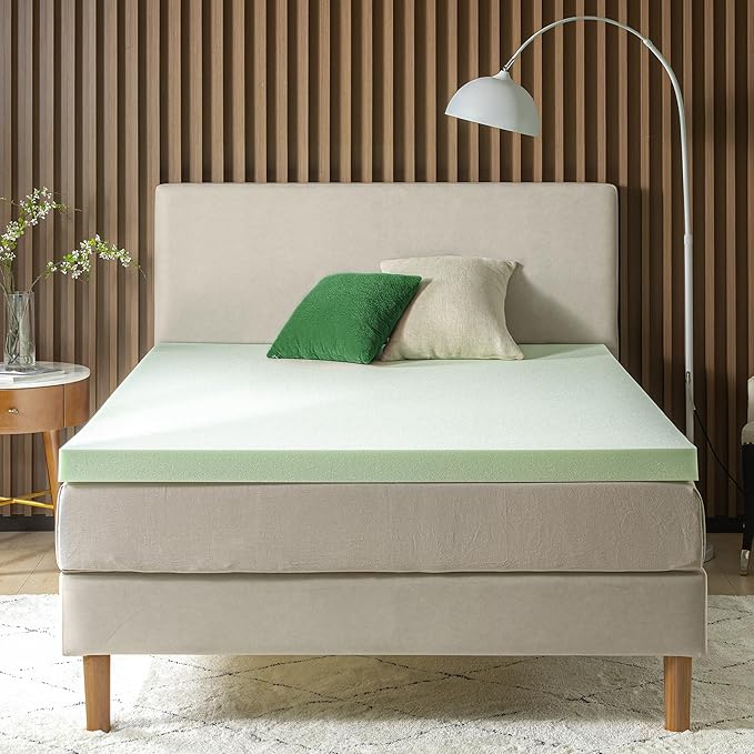 ZINUS 3 Inch Green Tea Memory Foam Mattress Topper, Pressure-Relieving Layer, Ideal for Back Pain Relief, Compact WONDERBOX Packaging, CertiPUR-US Certified, Short Queen