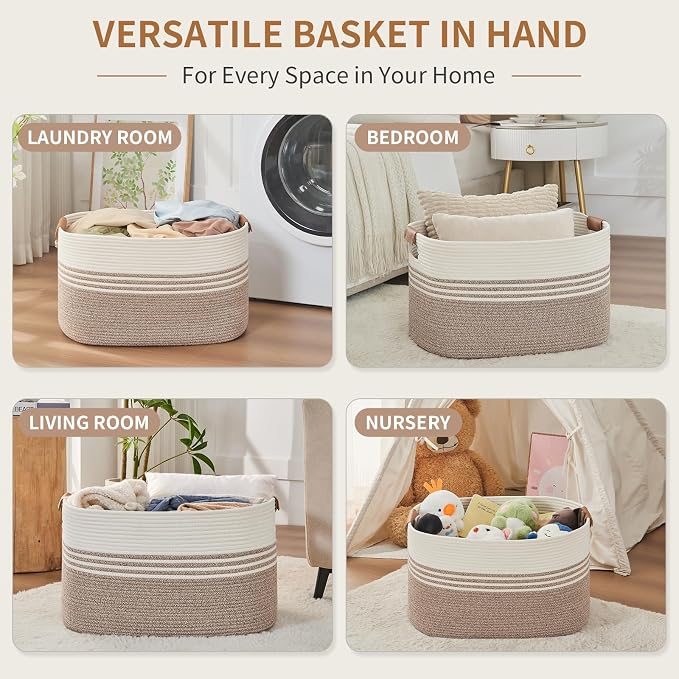 Large Woven Laundry Basket Hamper, 72L Cotton Rope Storage Bin for Blankets, Toys, Clothes, Decorative Nursery Hamper for Living Room, Baby Nursery, Bathroom, Bedroom, Kids Storage, Light Brown - Image 4