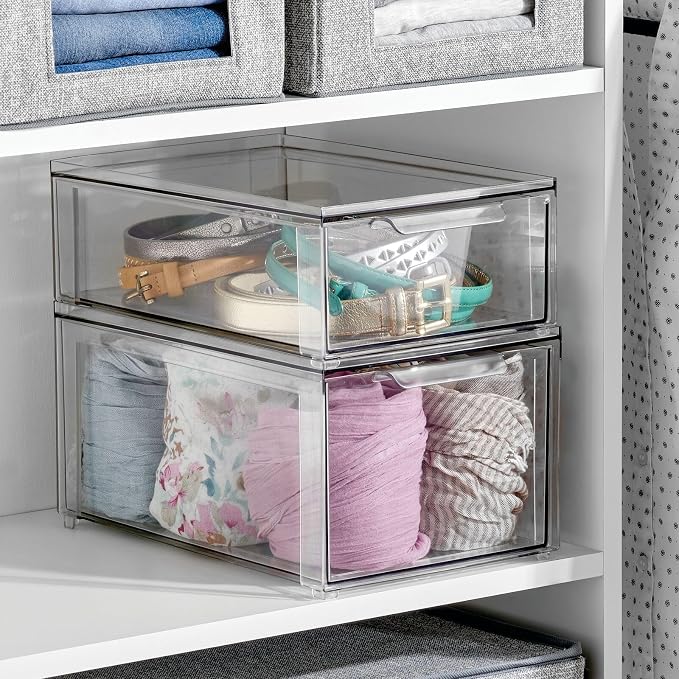 mDesign Plastic Closet Organizer Bin w/Pull Out Drawer - Stackable Storage for Closet - Organization for Shoes, Clothes, Bags, Totes, Small Linens, and More - Lumiere Collection - 2 Pack - Clear - Image 3