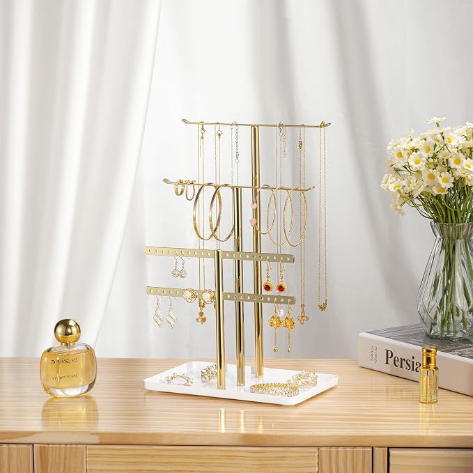 pickpiff Jewelry Stand Holder Organizer: 12.5" Sturdy Hanger for 80 Pcs Jewelry, Jewlery Tower for Display Necklace, Earring, Bracelet, Watch, Mirrored Gold - Image 7