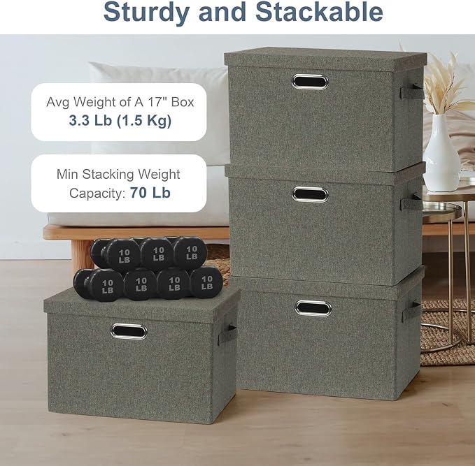 Graciadeco Large 17" 36 Quart Collapsible Stackable Storage Bins with Lids, 3 Packs Dark green Foldable Fabric Closet Storage Boxes with Lids, Heavy-duty Linen Cube Baskets(17x12x11) - Image 3