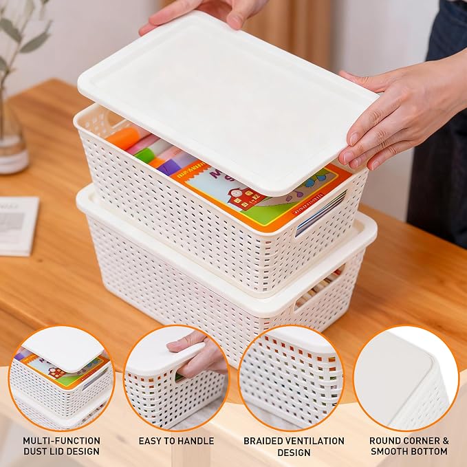 Plastic Storage Baskets With Lid, Storage Bins for Organizing, Stackable Decorative Containers for Shelves Drawers Desktop Closet Playroom Classroom Office, 6 Pack- White - Image 3