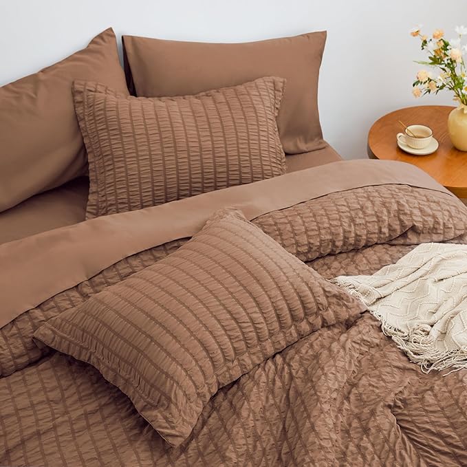 Love's cabin Seersucker Mocha Mousse King Size Comforter Set, 7-Piece All Season Lightweight Bed in a Bag Bedding Set with Comforter, Flat Sheet, Fitted Sheet, Pillowcases and Shams | Soft, Breathable, Lightweight