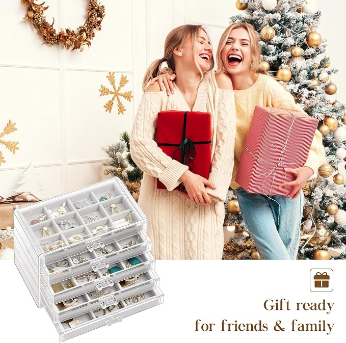 ProCase Earring Holder Organizer Jewelry Box with 5 Drawers, Acrylic Clear Earring Case with Adjustable Velvet Trays for Women - Grey, 5 Layers - Image 7