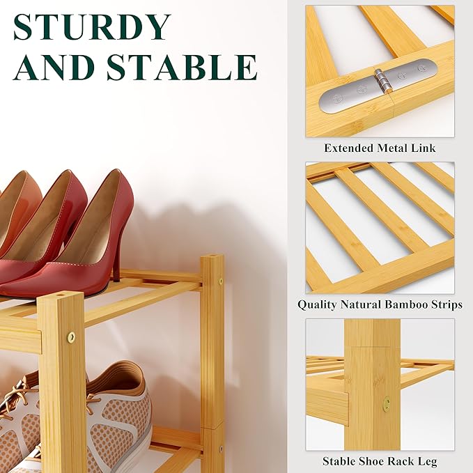 Smiry Shoe Rack, 5 Tier Bamboo Shoe Organizer, Stackable Free Standing Wooden Shoe Storage Shelf for Closet, Entryway, Front Door Entrance, Natural Bamboo - Image 3
