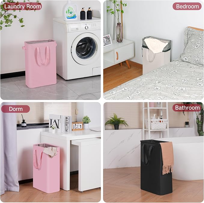 efluky Slim Laundry Basket, Narrow Laundry Hamper with Handles, Collapsible Dirty Clothes Hamper, Tall Laundry Bin for Laundry Room, Dorm and Bedroom, 19.8 Gallon (75L) Pink - Image 6