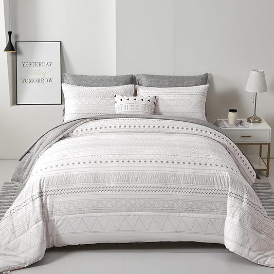 WONGS BEDDING Boho Geometric Comforter Set Full Size,7 Pieces White Grey Stripe Bed in a Bag Comforter for All Season Bohemian Complete Bed Set with Pillowcases & Shams,Sheets Soft Microfiber