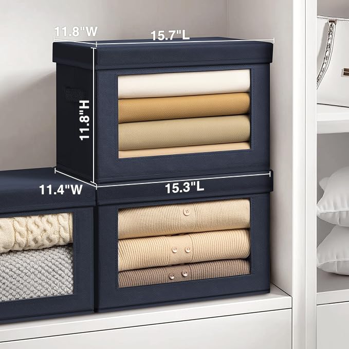 Homsorout Stackable Storage Bins with Lids - Large Decorative Basket with Lids, Fabric Foldable Closet Organizer Bins, Shelf Organizer for Living Room, Dorm, 5 Pack, Navy Blue - Image 2