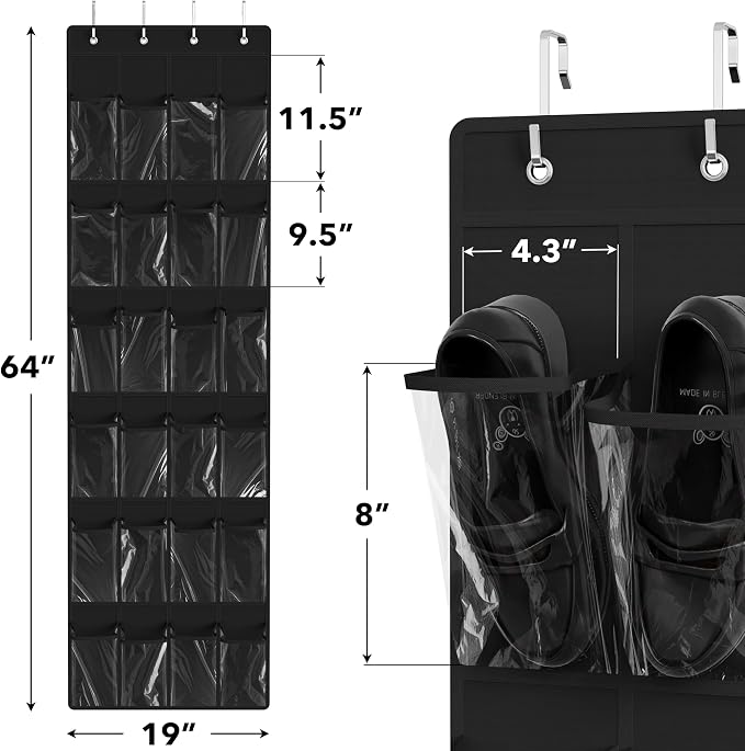 Simple Houseware 24 Pockets - Crystal Clear Over The Door Hanging Shoe Organizer, Black (64'' x 19'') - Image 2
