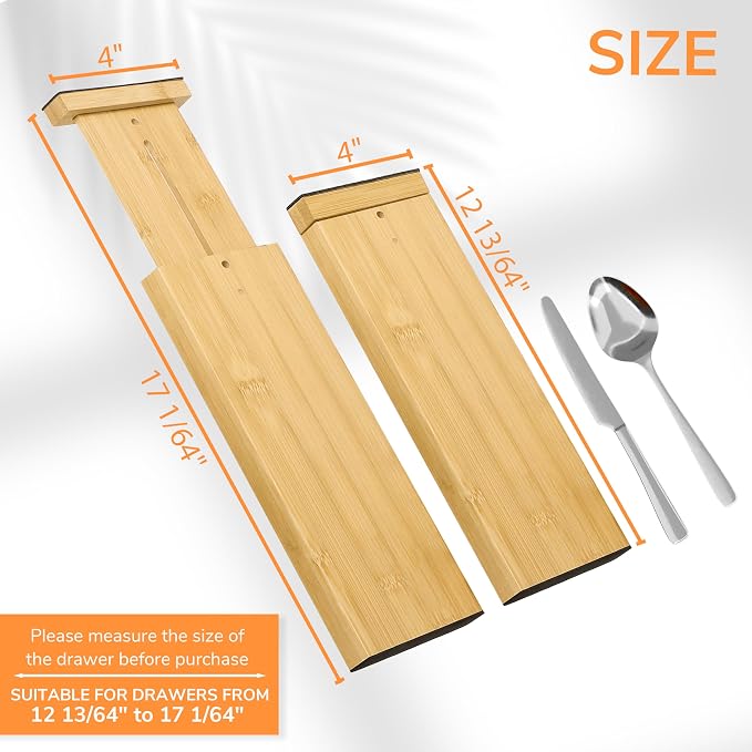 BAMEOS 4 PCS Bamboo Drawer Divider Adjustable Drawer Dividers Kitchen Drawer Organization Utensil Organizers for Kitchen Dresser Bathroom Bedroom and Office - Image 4