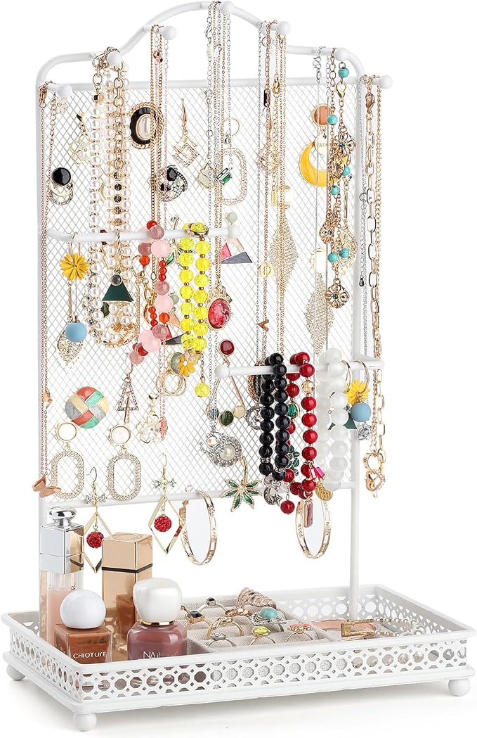 Meangood Jewelry Organizer Stand, Earring Holder Rack for Hanging Earrings Necklace Bracelets Watches Jewelry Display Large Rings Storage as Women Gift (White) by Meangood