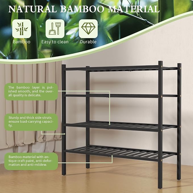 ROMGUAR CRAFT 4 Tier Bamboo Shoe Rack for Closet Free Standing Wood Shoe Shelf for Entryway Small Space Stackable 27"x11"x26" (Black) - Image 6