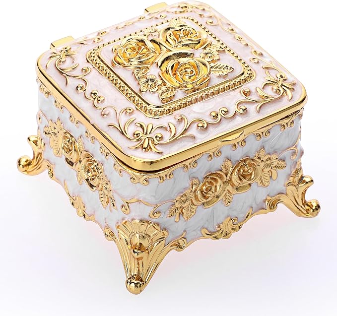 Hipiwe Vintage Jewelry Box Trinket Organizer Enameled Metal Treasure Chest Ring Holder Earrings Storage Case Decorative Keepsake Box Gift for Women, Small 3"x3"x2.4" - Image 9