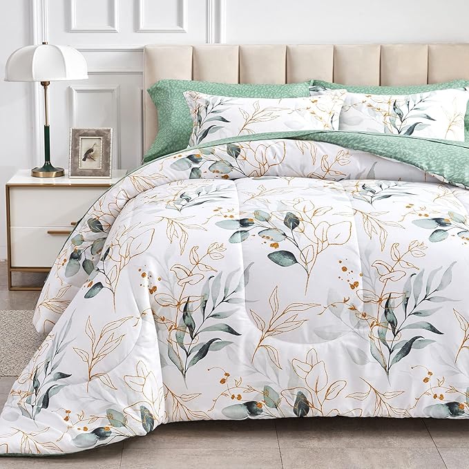 Joyreap 7 Piece Bed in a Bag Queen, Green Leaves Printed on White Botanical Design, Microfiber Set for All Season (1 Comforter, 2 Pillow Shams, 1 Flat Sheet, 1 Fitted Sheet, 2 Pillowcases)