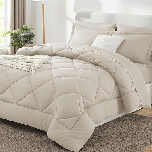 CozyLux Full Size Comforter Sets Beige - 7 Pieces Bed in a Bag Full, Luxury Soft Bed Set for All Seasons, Bedding Set with Down Alternative Comforter, Sheets, Pillowcases & Shams