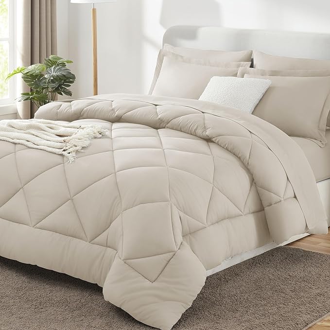 CozyLux California King Comforter Set Beige - Cal King Bed in a Bag 7 Pieces, Luxury Soft Bed Set for All Seasons, Bedding Set with Comforter, Sheets, Pillowcases & Shams