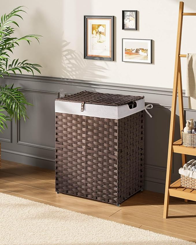 Greenstell Laundry Hamper with lid, No Install Needed, 90L Wicker Laundry Baskets Foldable 2 Removable Liner Bags, 2 Section Clothes Hamper Handwoven Rattan Laundry Basket with Handles, Brown - Image 2