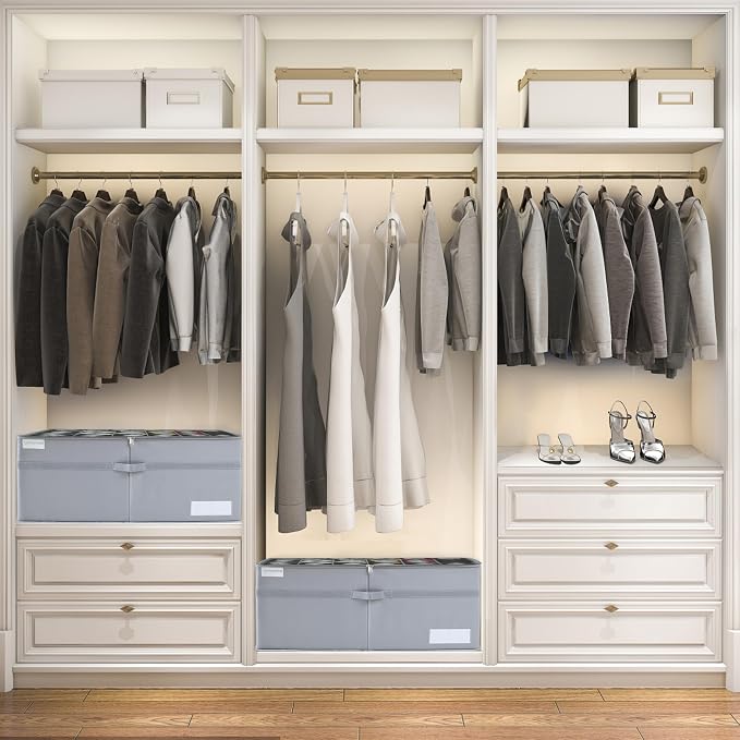 LUVHOMEE Shoe Organizer for Closet, Fits 24 Pairs, Large Shoe Box Storage Containers, Clear Foldable Shoe Storage Bins w/Bottom Support, Space Saving Closet Shoes Holder w/Reinforced Handles, Gray - Image 2
