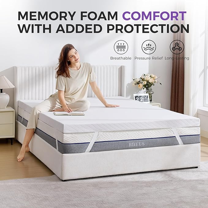 BDEUS Queen Size 2 Inch Gel Memory Foam Mattress Topper with Removable Cover, Ventilated Cooling Foam, Supportive Pressure Relief Bed Topper, CertiPUR-US Certified