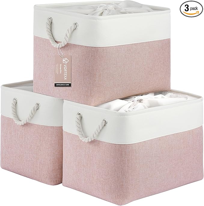Large Storage Baskets- 16x12x12 inch Storage Bins for Shelves and Closet Organizing, Foldable Fabric Bin for Home Organization Clothes and Laundry (3-Pack, White&Pink) by VQRTEXAStorageBasket