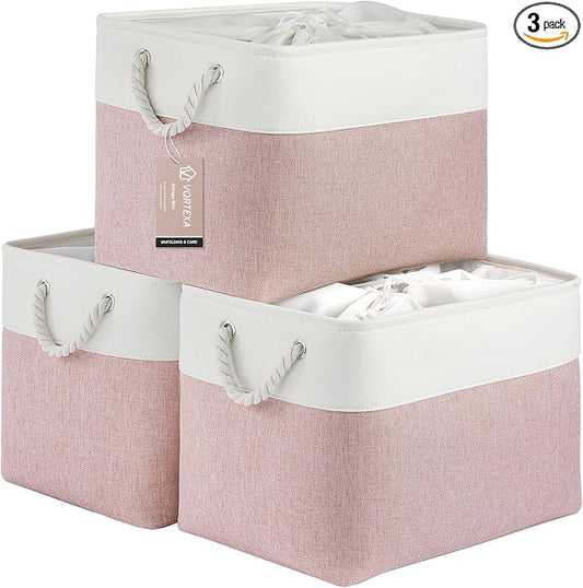 Large Storage Baskets- 16x12x12 inch Storage Bins for Shelves and Closet Organizing, Foldable Fabric Bin for Home Organization Clothes and Laundry (3-Pack, White&Pink) by VQRTEXAStorageBasket