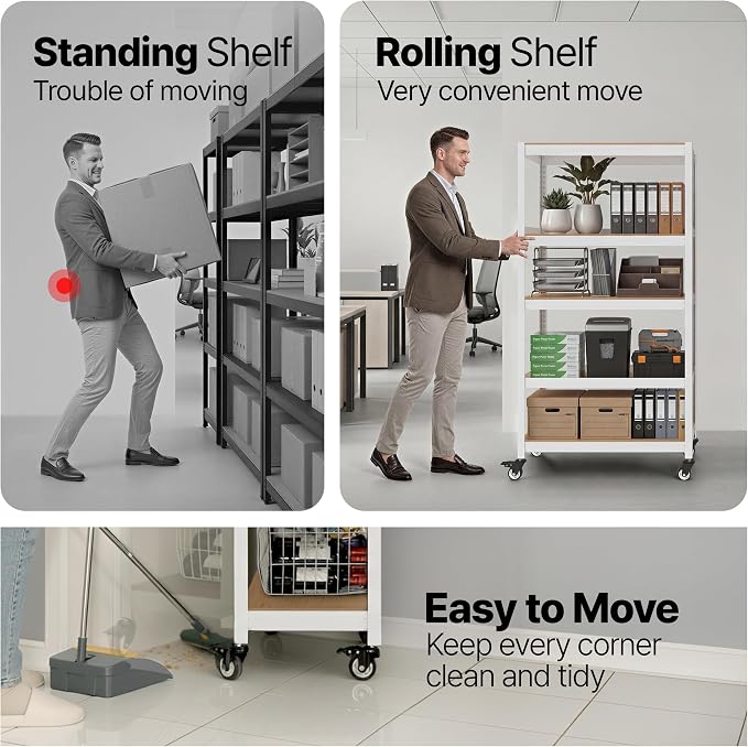 HOMEDANT House 48.1" 5-Tier Metal Rolling Cart Shelf Rack Casters Heavy Duty Laminated Wheel Shelving Unit Adjustable Utility Storage Shelves Shelf Kitchen Garage White 1Pack - Image 4
