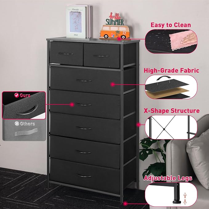 Mifuro Tall Dresser for Bedroom, Vertical Storage Organizer Tower with 7 Drawers, Chest of Drawers with Fabric Bins, Steel Frame, Wood Top for Bedroom, Closet, Entryway- Black - Image 8