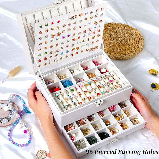 QBestry Earring Jewelry Box for Women Girls Stud Organizers, 5 Layers White Jewelry Organizer Box with Lock Necklaces and Earrings Holder Jewelry Box with Earring Organizer for Women Girls Xmas Gifts - Image 6