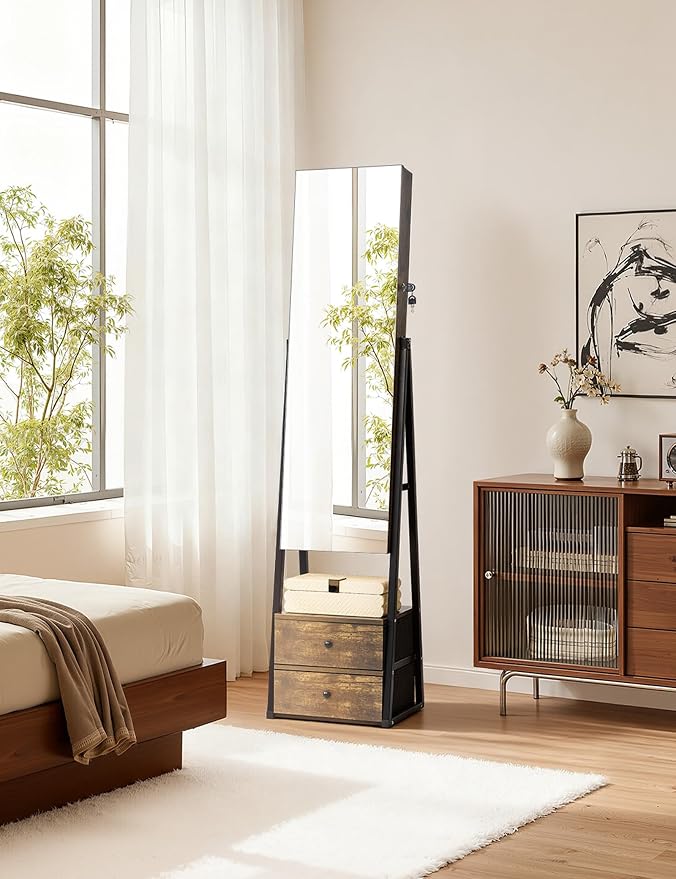Nicetree Jewelry Cabinet Armoire with 2 Drawers, Lockable Standing Jewelry Mirror Cabinet, Full Length Mirror with Jewelry Storage, Rustic Brown - Image 3