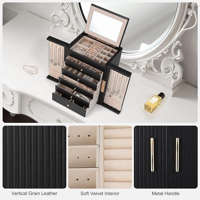 Dajasan Large Jewelry Organizer Box with 5 Drawers, Jewelry Box for Women, 6-Tier Jewelry Storage Organizer with Mirror for Necklace Ring Bracelet Watch, Gift Idea (Black) - Image 5