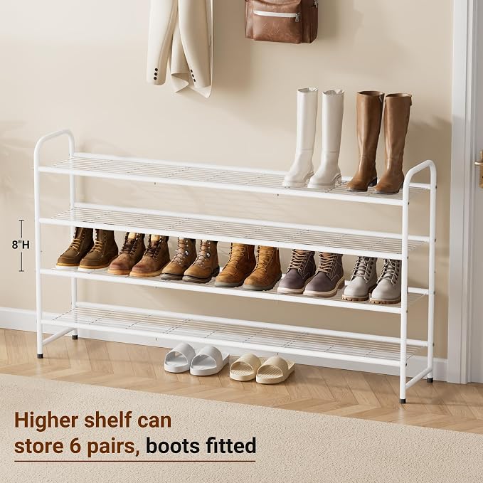 KEETDY 4-Tier Long Shoe Rack for Closet Floor, Wide Shoe Organizer Storage, Stackable Shoe Rack for Entryway Metal Shoe Shelf for 30 Pairs Men Sneakers with Wire Grid for Bedroom, White - Image 2