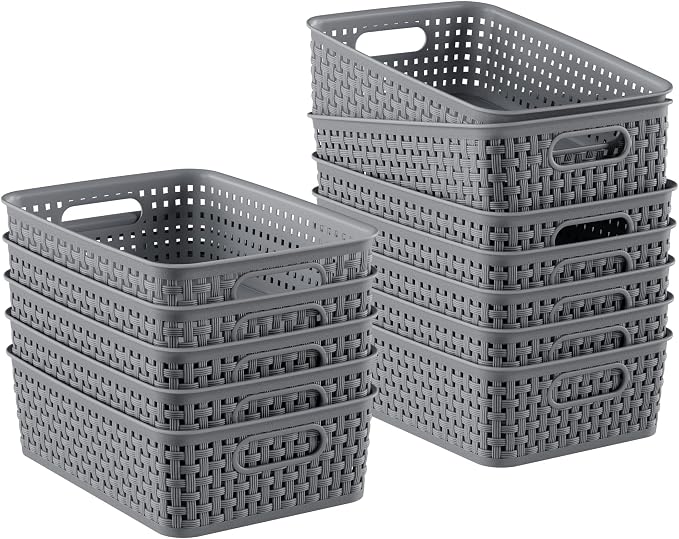 12 Pack Plastic Storage Baskets, Small Baskets for Organizing, Plastic Storage Bins Wicker Pantry Organizer Bins Household Toys for Laundry Room, Bedrooms, Kitchens, Cabinets, Countertops by FUCDTEFC