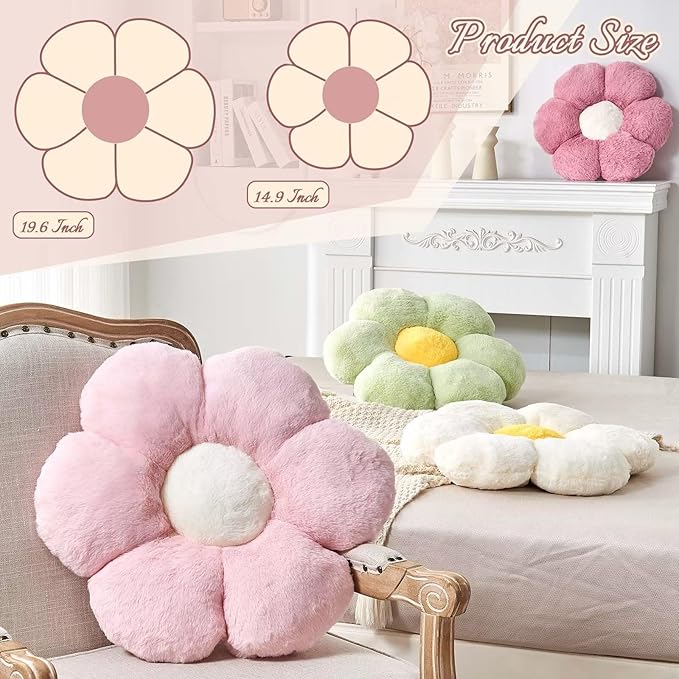 Kcvvcr White Flower Plush Throw Pillow, Cute Decorative Flower Shaped with Faux Rabbit Fur, 19.6" Soft Plush Floor Pillow for Bedroom Living Room