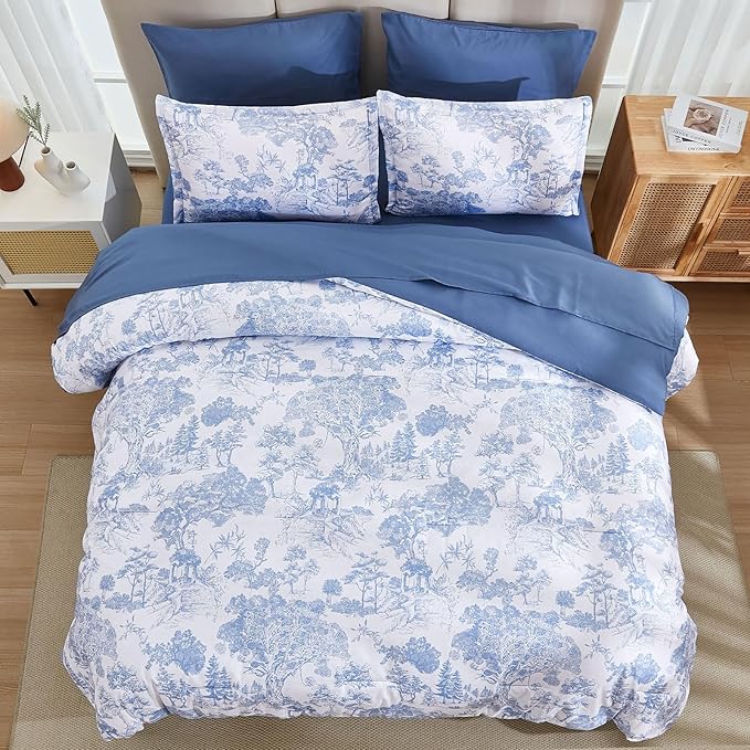 DJY Blue Comforter Set Full, 7 Pieces Full Size Flower Comforters with Sheets Elegant Plants Print Bed in a Bag Soft Microfiber Reversible Complete Bedding Sets for All Season