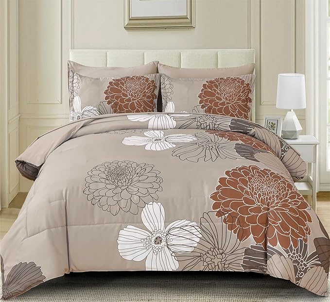 Yiran Floral Comforter Set King Size,7 Pieces Bed in a Bag Taupe Brown Comforter Soft Microfiber Bedding Sets 104"×90"