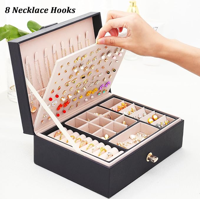 Earrings Jewelry Box for Girls, Large Capacity Jewelry Organizer with 40-Pair Earring Board, 2-Layer Leather Jewelry Storage Box for Necklaces Rings Bracelets with Removable Tray(Gift Idea),Black - Image 3