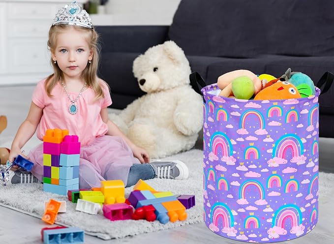 Collapsible Kids Laundry Basket Clothes Hamper, Foldable Storage Organizer Bin, Toy Clothes Storage with Handles for Boys Girls Bedroom, Room Decor Purple Rainbown - Image 4
