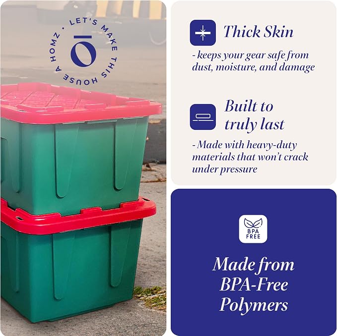 HOMZ 2-Pack Durabilt, Heavy Duty Plastic Storage Bins with Lids, 27 Gallon, Green/Red - Stackable Container Boxes for Holiday, Attic, and Garage Organization - Image 3