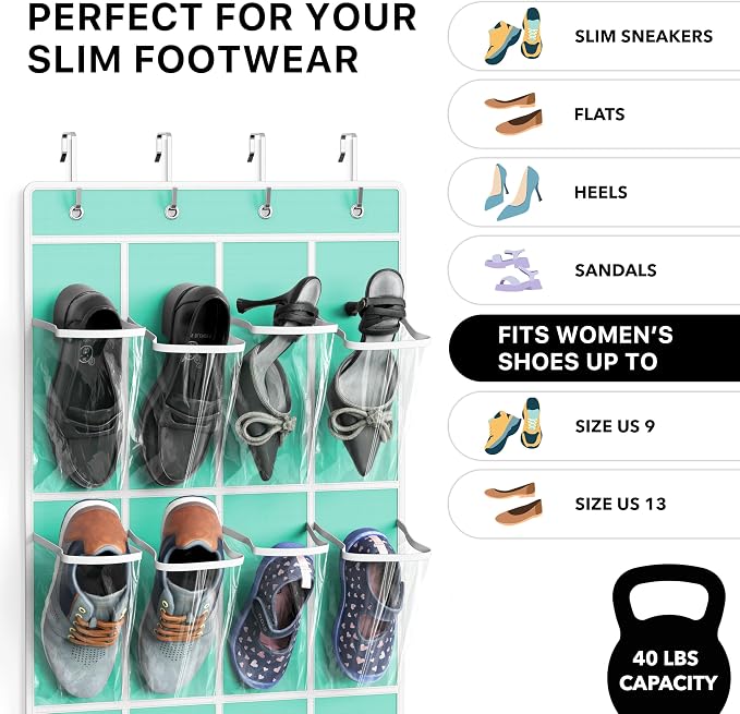 Simple Houseware 24 Pockets - Crystal Clear Over The Door Hanging Shoe Organizer, Turquoise (64'' x 19'') - Image 3