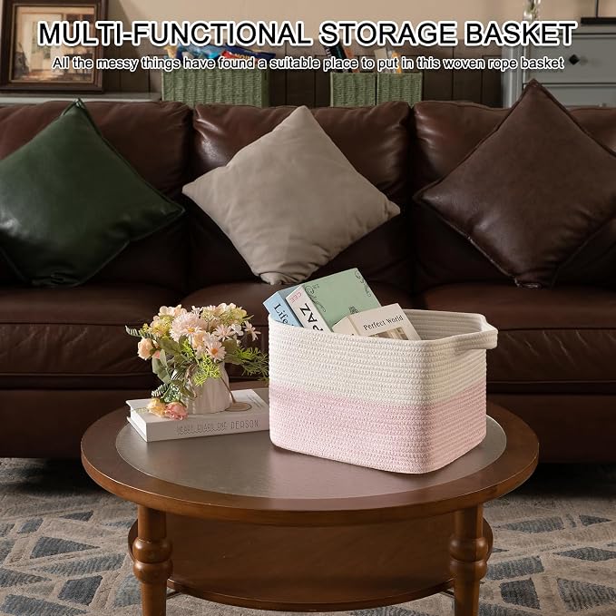 OIAHOMY Woven Storage Basket for Shelves, Rectangle Cotton Rope Baskets for Organizing, 13 x 10 x 9 in, Storage Bins for Dog Toys,Towel,Books,Gift,Pink and White - Image 6