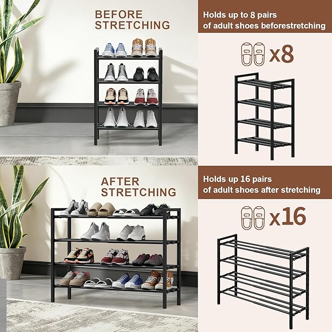 4-Tier Expandable Shoe Rack, Adjustable Shoe Shelf Storage Organizer Heavy Duty Metal Free Standing Shoe Rack for Entryway Closet Doorway (Black) - Image 4