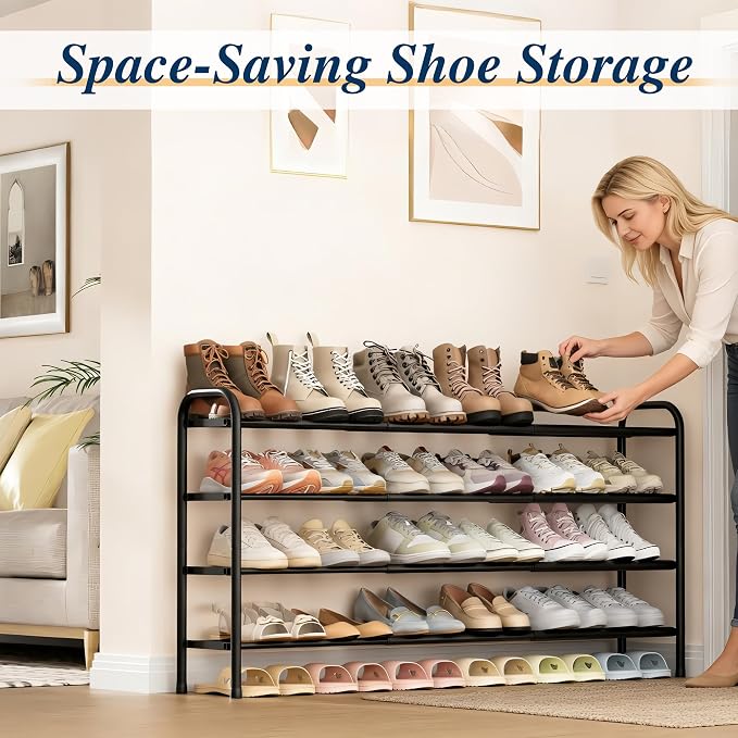 ENJOYBASICS 4 Tier Expandable Shoe Rack for Closet, Free Standing Metal Shoe Shelf Storage Organizer Holder 24 Pairs, Adjustable Width Shoe Rack for Entryway Small Space, Black - Image 3